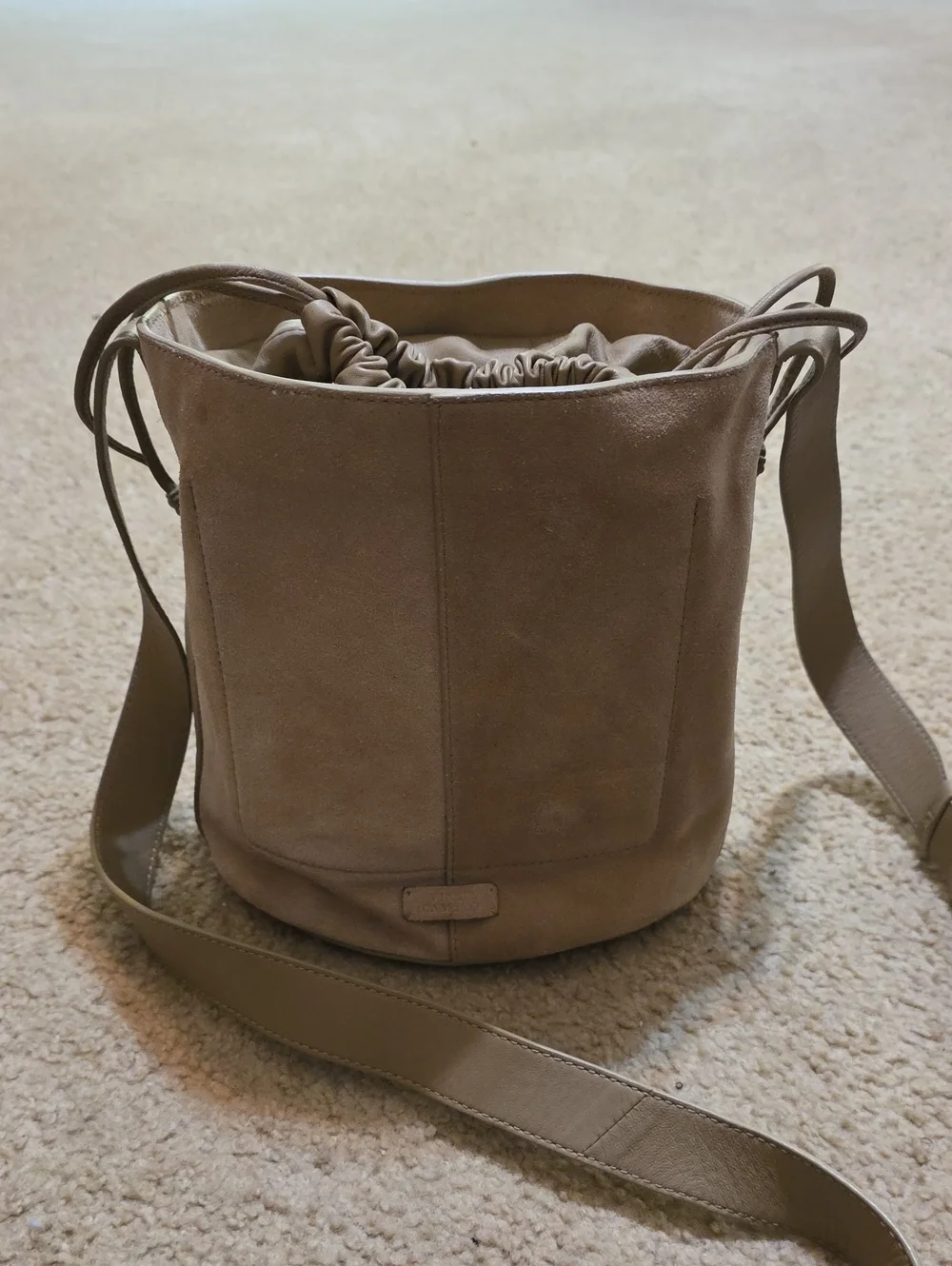 Vince Camuto Taupe Woven Bucket Bag with Drawstring